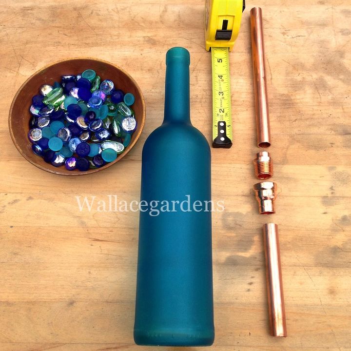 wine bottle watering device with copper tubing for container gardens