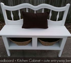 headboard and a kitchen cabinet make a great bench with storage, diy, kitchen design, painted furniture, repurposing upcycling, storage ideas, Great entryway bench made from a twin headboard and a kitchen cabinet
