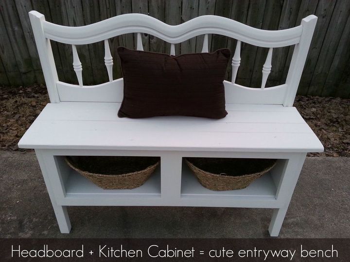 headboard and a kitchen cabinet make a great bench with storage, diy, kitchen design, painted furniture, repurposing upcycling, storage ideas, Great entryway bench made from a twin headboard and a kitchen cabinet