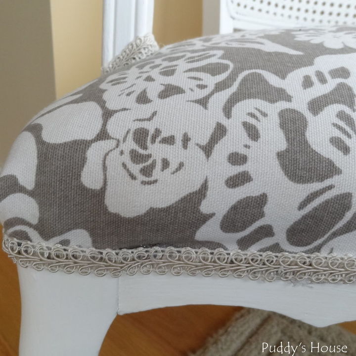 ugly to pretty chair makeover, painted furniture, Close up of the trim attached with hot glue