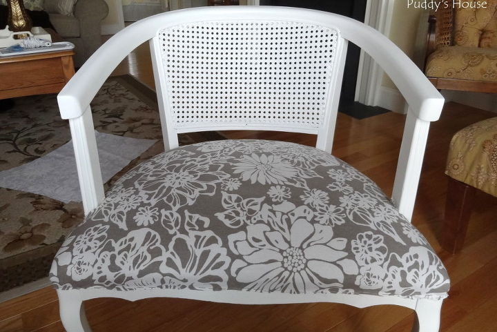 ugly to pretty chair makeover, painted furniture, New fabric stapled to the chair
