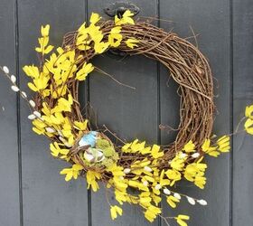 turning dollar store finds into a spring wreath, crafts, seasonal holiday decor, wreaths, Some fake pussy willows also from the dollar store add more interest to the forsythia