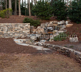 a few photos of a recent installation of ours with the cold weather now here temp, landscape, outdoor living, ponds water features, A look at the completed waterfall and walls The next photo is a before photo from near the same angle