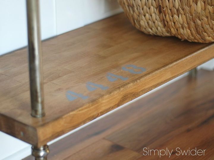 industrial console table tutorial, painted furniture, Here s a great close up of our industrial console table You can really see how the stain treatment gave the new butcher block an aged patina