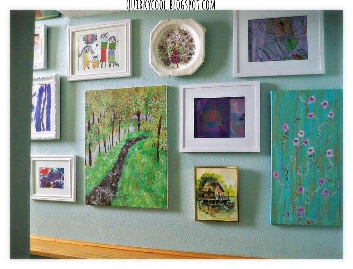 a beautiful art gallery wall, crafts, foyer, home decor, wall decor, I found the peacock plate at the Goodwill the 2 larger paintings I did years ago and had stuffed in storage and the little boat picture I bought at our local flea market
