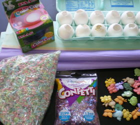 confetti filled real easter eggs, crafts, decoupage, easter decorations, seasonal holiday decor, We used paper straw for Easter baskets and cut it into small pieces We added sparkly confetti to the mix You can fill them with whatever fits into the opening so you can be creative
