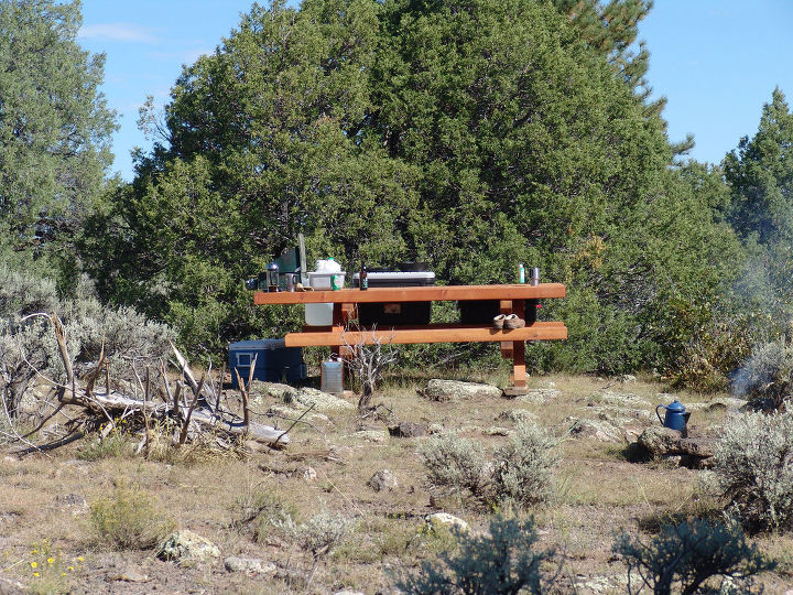 my cabin, home improvement, Our picnic table at the ranch fire ring at far right with cowboy coffee pot