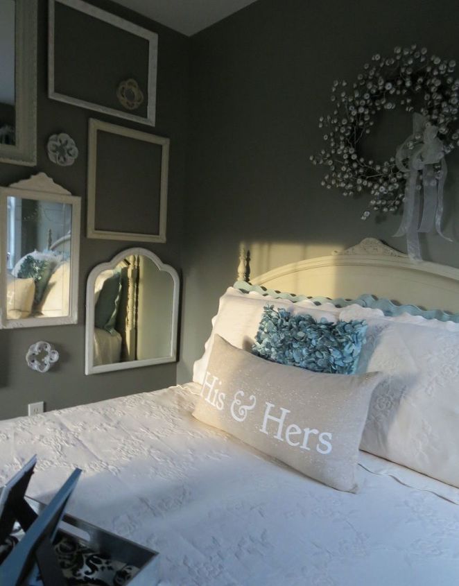 guest bedroom makeover, bedroom ideas, home decor, The wall of vintage mirrors and frames