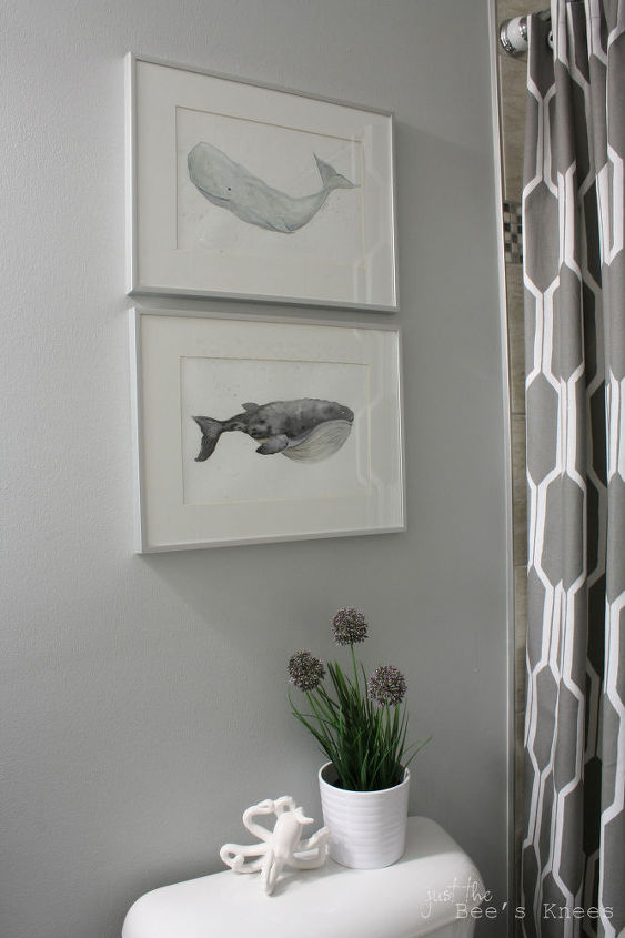 shared boys guest bathroom, bathroom ideas, home decor, I painted these watercolor whales to use as art for the bathroom