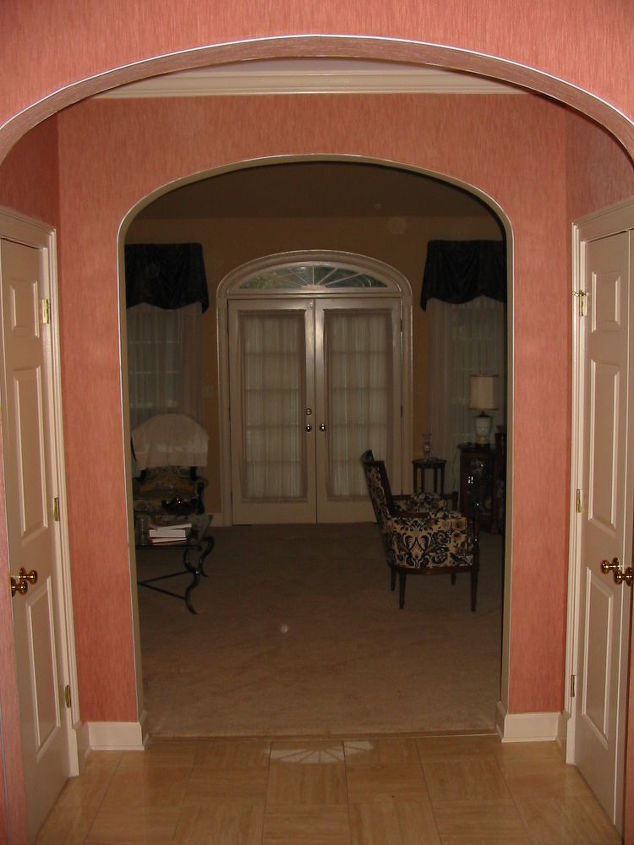 sometimes it takes a little dry wall mud paint and a little imagination what a, paint colors, painting, wall decor, Pink Wallpaper is not the look the homeowner wants Can I change it Sure Not necessary to remove wallpaper just cover it with Kilz