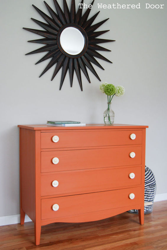 orange milk paint dresser with bone knobs, painted furniture