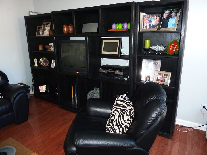 q another transformation from plain to custom looking and added storage galore how, entertainment rec rooms, home decor, BEFORE Bookcase type entertainment center with Tube TV