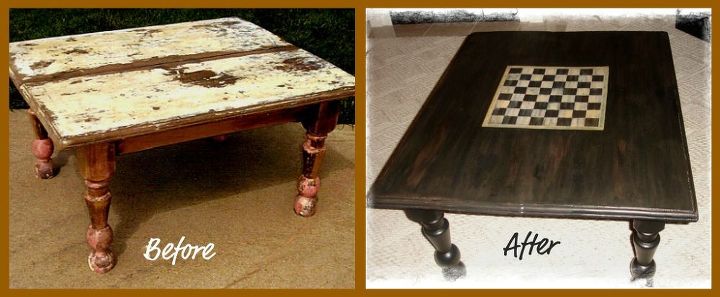 before and after checkerboard table, home decor, painted furniture, Purchased for 5 at a garage sale Hubby made sturdy and I painted it