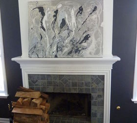 new painting minimized the tchatchkis for the new fireplace update, fireplaces mantels, home decor, living room ideas, painting, tiling, Updated the look today to a more minimalistic look tired of tchachkis however you spell that The artwork is my piece you can see my other pieces at