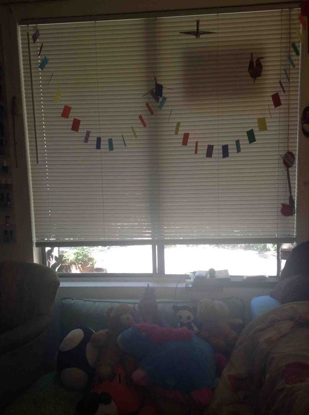 q window treatment for a really large bedroom window, bedroom ideas, home decor, window treatments, windows, My window And my mini couch full of stuffed animals