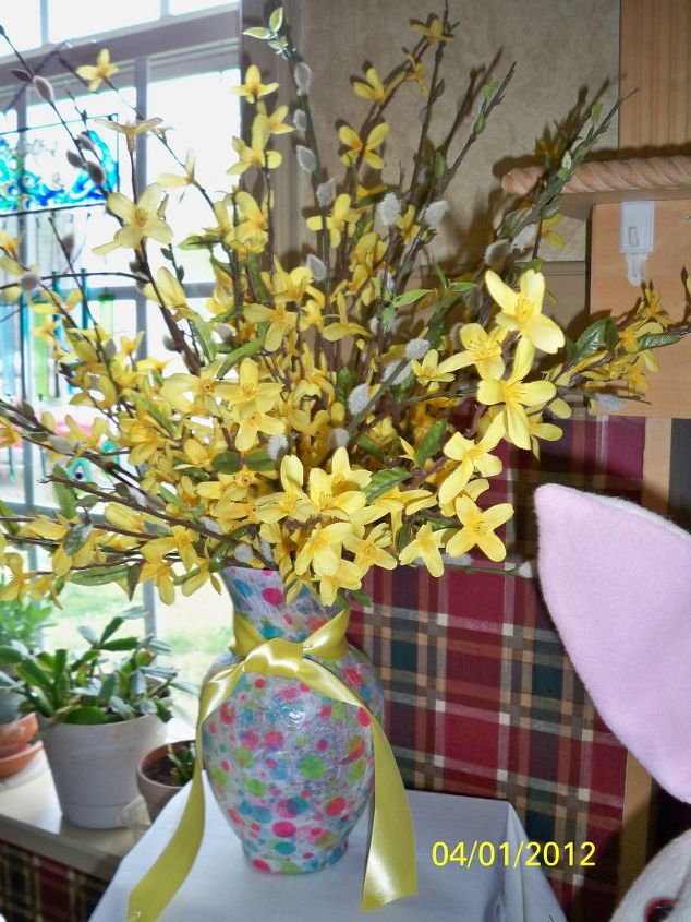 spring has sprung and easter is almost here, christmas decorations, easter decorations, seasonal holiday d cor, wreaths, Nothing says spring has sprung like a pretty bouquet of forsythia pussy willow Is it faux or mother nature at her best Don t have vase that looks springy decoupage tissue paper on one of the clear run of the mill types we all have add a coordinated ribbon