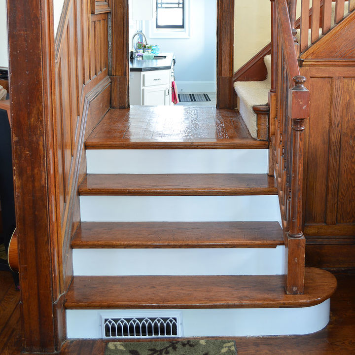 stairway to heaven, flooring, foyer, kitchen design, woodworking projects, Refinished stairs in the front entry