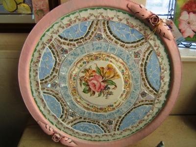 my mosaic pieces, crafts, painted furniture, This was originallly a silver hammered aluminum lazy susan which I painted and then designed with china dishes and stained glass