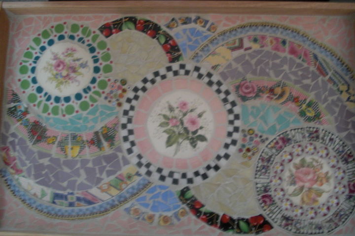 my mosaic pieces, crafts, painted furniture, This is wooden bed tray that a woman had me do for her Her daughter is named Rose and she wanted a Rose theme with not too many roses She also wanted it whimsical