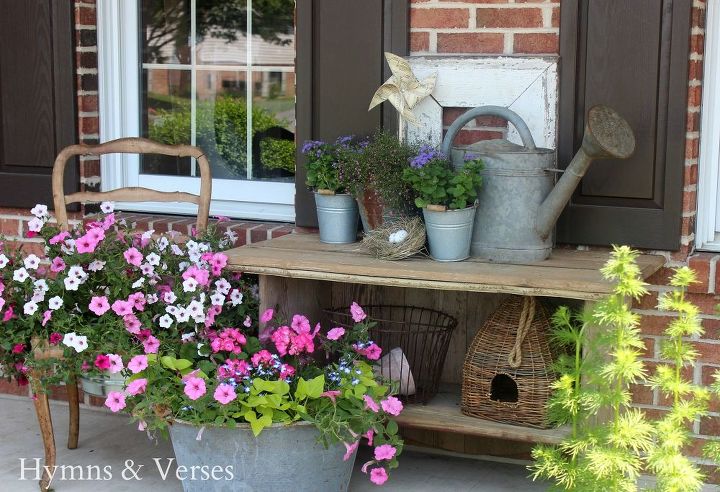 french country on the front porch, flowers, gardening, outdoor living, porches, repurposing upcycling