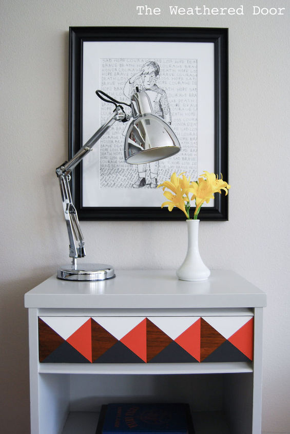 orange grey and white geometric mcm nightstand, painted furniture