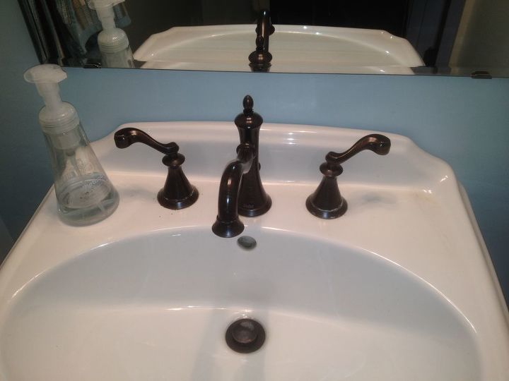 faucet handle cleanup suggestions for hardwater deposits, bathroom ideas, cleaning tips, plumbing, Oil Rubbed Bronze faucet by Delta with hard water deposits