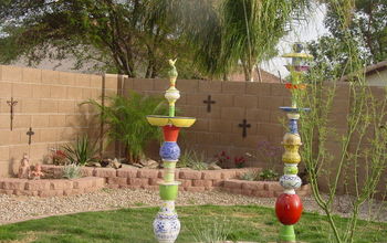"Polatems" (pots, plates, totems) birdbaths, bird feeders and planters.