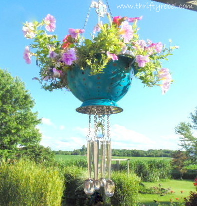 strainer planter wind chimes, container gardening, flowers, gardening, repurposing upcycling