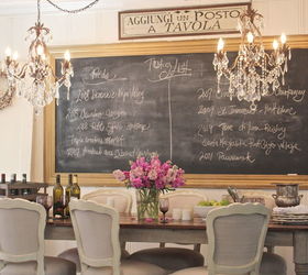 double chandeliers with double the bling and a big chalkboard help create a, chalkboard paint, crafts, lighting