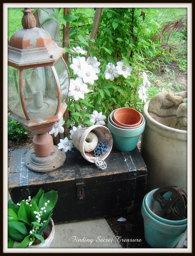 my summer porch want to see more check it out here, gardening, porches, Vintage Lantern Old Wooden Tool Box