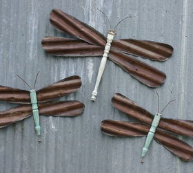 dragonflies made from re purposed materials, repurposing upcycling, set of barn tin dragonflies