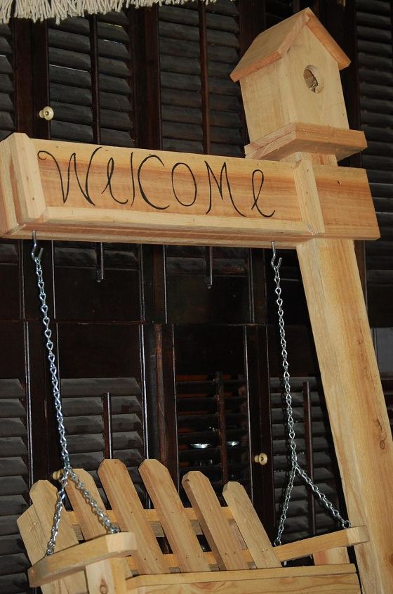 newest addition of welcome sign bird house chain held seat, outdoor living, pets animals, woodworking projects, welcome post