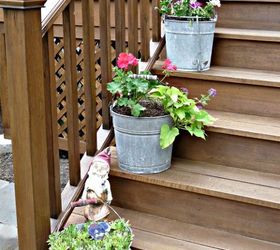finally a good use for an old mop bucket anyone have other creative planter ideas, decks, gardening, Mop Bucket Planters in a Row Click link for more pics