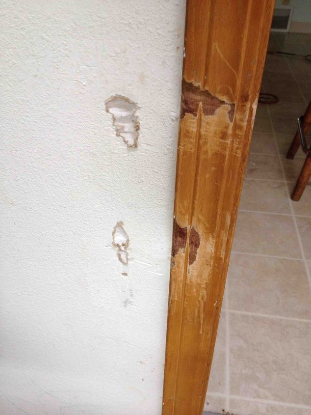 q can i stain over stained trim, painting, wall decor, Damaged trim and wall