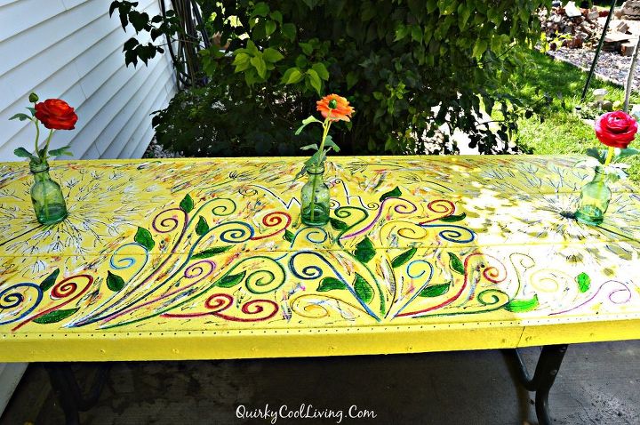painted furnture picnic table art floral mural, outdoor furniture, painted furniture