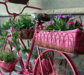 garden ideas bike flower planter, flowers, gardening, repurposing upcycling, Guess what I used for the seat and pennants