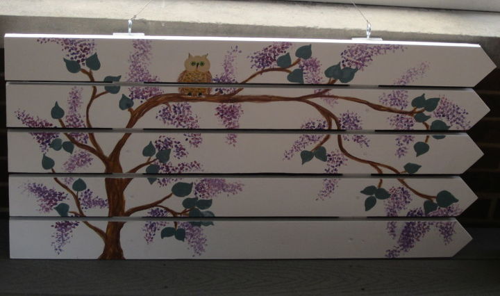 repurposed old fence into art, crafts, Owls and Lilacs