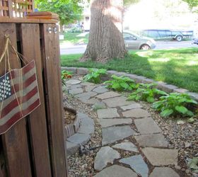 backyard mega makeover, gardening, outdoor living, patio, porches, Gate from side yard with upcycled what a nice way to say we hauled concrete rubble from the dump pathway There was a gate of sorts here but nothing more than a muddy path