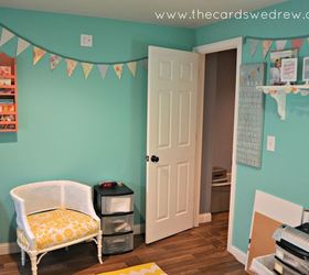 craft room reveal, craft rooms, home decor, organizing, I re did that cane chair myself and purchased a yellow chevron rug from Urban Outfitters for the floor