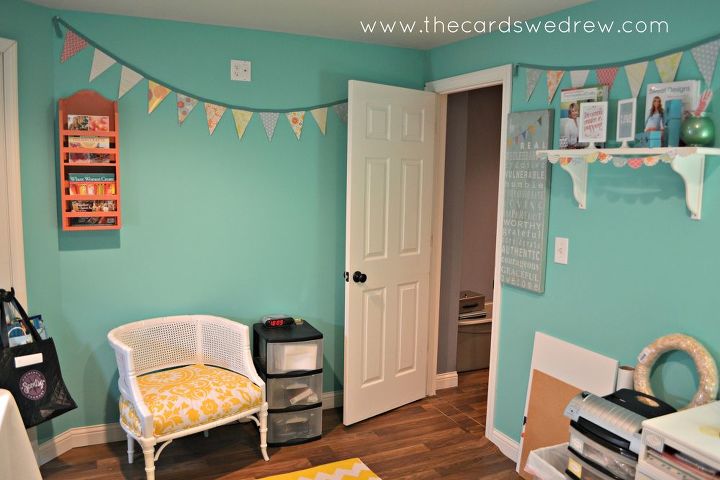 craft room reveal, craft rooms, home decor, organizing, I re did that cane chair myself and purchased a yellow chevron rug from Urban Outfitters for the floor