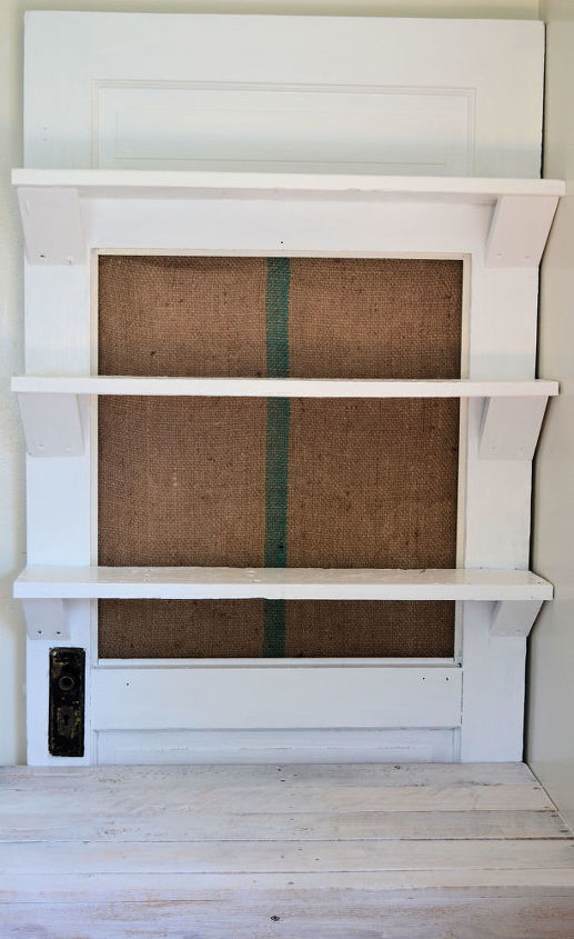 new use for an old door, doors, home decor, pallet, shelving ideas, storage ideas, Burlap sack stapled to the back