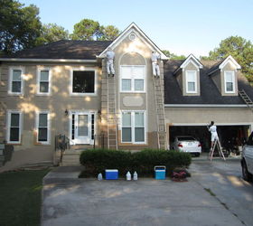 stucco color combo, curb appeal, garage doors, garages, painting, Before white cream neutrals
