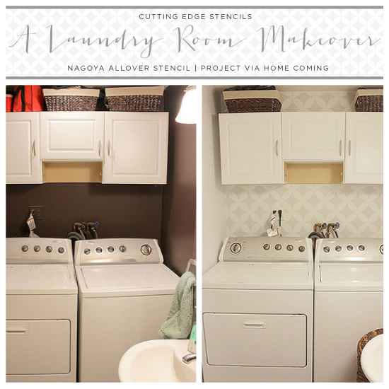 laundry room stencil wall makeover, laundry rooms, painting, wall decor