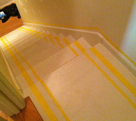 stairway to heaven we removed our old stained carpet and updated with paint pattern, home decor, painting, stairs, Base coat of Aesthetic White painted and taped off ready to paint the stripes