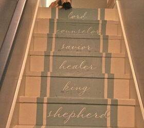 stairway to heaven we removed our old stained carpet and updated with paint pattern, home decor, painting, stairs, Finishes stairs with typography vinyl letters added