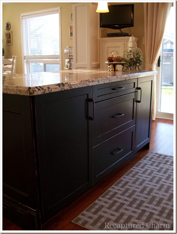 kitchen makeover bistro style, home decor, kitchen design, kitchen island, Black island was created with kitchen cupboards from Home Depot More MDF was used with the same design as the door profiles to enclose the back Painted black for a nice contrast