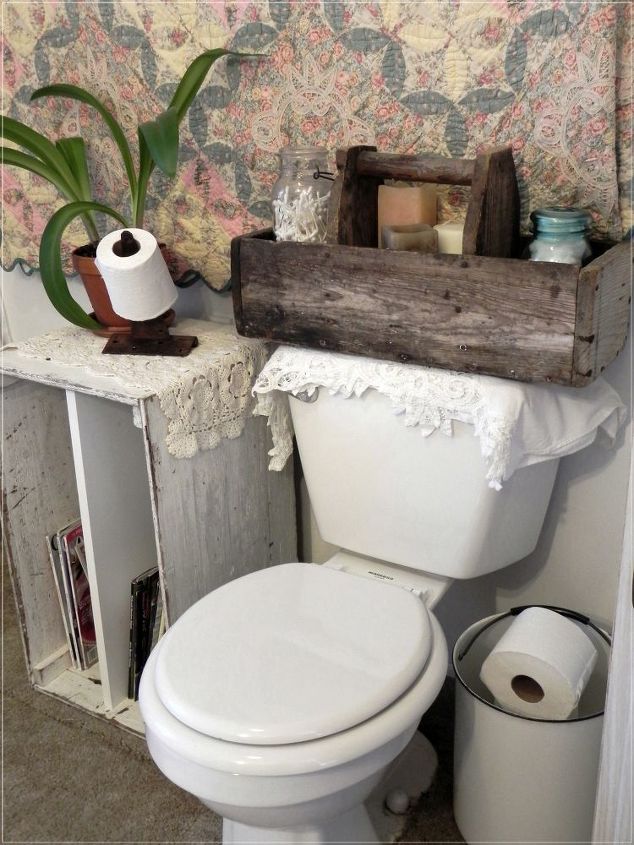 repurposed vintage bathroom, bathroom ideas, cleaning tips, organizing, painting, repurposing upcycling, enamel ware bucket and an old worn tool caddy for storage as well as display