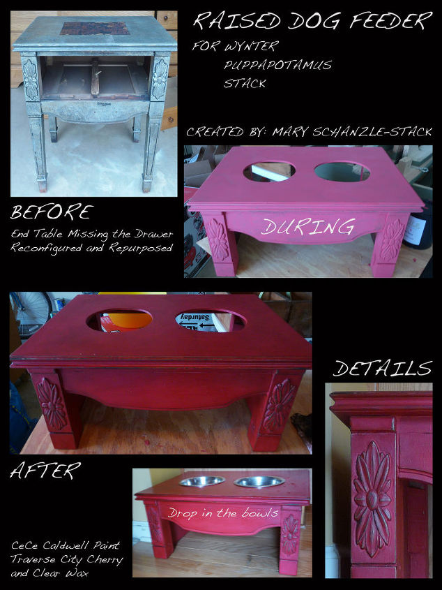 end table turned raised dog feeder, chalk paint, painted furniture, pets animals, repurposing upcycling, Raised Dog Feeder
