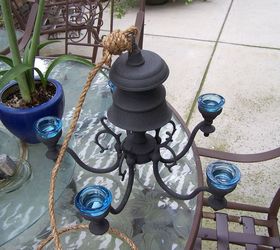 repurposing an old brass chadelier to old iron for the patio, painting, repurposing upcycling, Painted candled and roped for hanging
