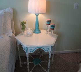 newly decorated guest room, bedroom ideas, home decor, painted furniture, This six sided table is the only piece of furniture I purchased while redoing the room It came from a local vintage shop and needed to be painted and distressed Used a turquoise acrylic paint for lamps and this table
